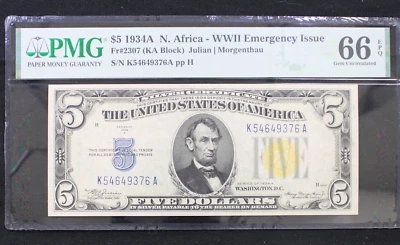 1934A $5 North Africa - WWII Emergency Issue - Fr# 2307 - PMG 66 EPQ - Image 1 of 2