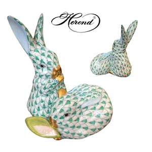 HEREND Two Rabbits Figurine Green - Picture 1 of 6
