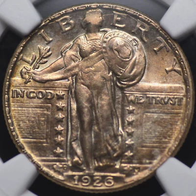 1926 D STANDING LIBERTY QUARTER NGC MS 62 GLOSSY LUSTER IN A ROSEY AMBER WITH - Image 1 of 4