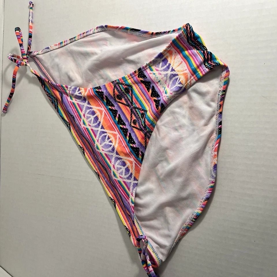 OP Peace Sign Print Bikini Bottom Only Neon Rainbow Boho Festival Style  - Image 1 of 4