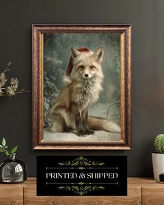 Victorian Christmas Fox Holiday Animal Portrait Vintage Winter Forest Art - Picture 1 of 5