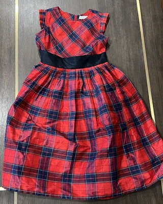 HOPE & HENRY Red Plaid Girls Party Dress Pleated Holiday Taffeta w back bow sz 8 - Image 1 of 4