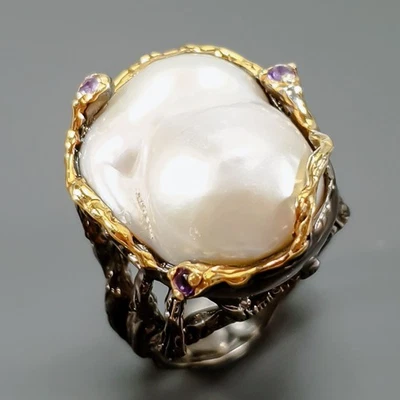 Charming jewelry Natural Baroque Pearl Ring 925 Sterling Silver Size 9 /R424522 - Image 1 of 4