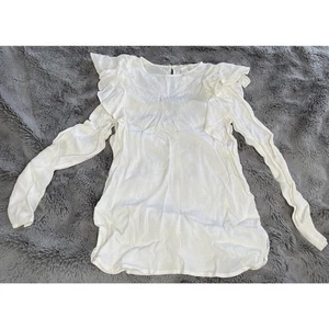 H&M Women’s Top Size 2 White Ruffle Round Neck Button Soft Lightweight Shirt - Picture 1 of 12
