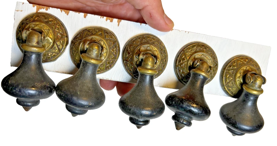 Set 5 Antique Drop Drawer Pulls Brass Black Wood Teardrop Victorian / Edwardian - Image 1 of 4
