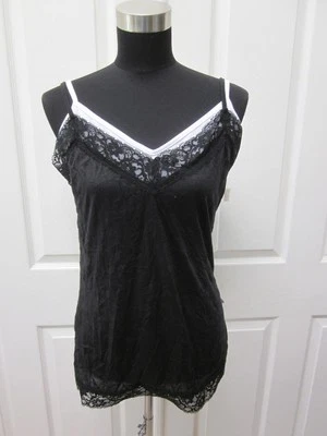 NWT BOBBIE BROOKS White & Black Crinkle Effect Lace Trimi Cami Tank Top  Sz S - Image 1 of 4