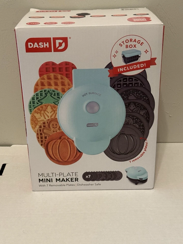 DASH MULTI-PLATE MINI WAFFLE MAKER W/7 INTERCHANGEABLE PLATES. HOLIDAY. OPEN