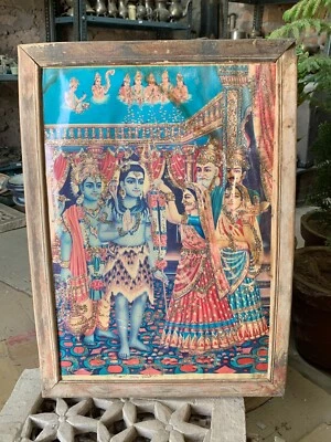 Impresión litográfica hindú vintage de la diosa Annapurna dando limosna al Señor Shiva enmarcada Foto 1 de 4
