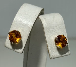 (MA6) 14k Yellow Gold Round-Cut Citrine Prong Set Stud Earrings - 1.5 Grams - Picture 1 of 8