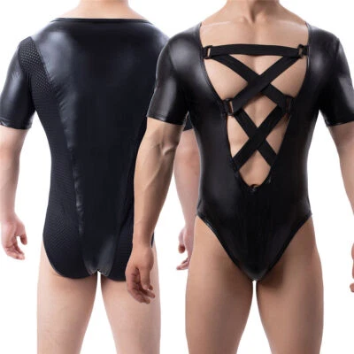 Men WetLook Faux Leather Bodysuits Jockstrap Leotard Underwear Clubwear Costumes - Image 1 of 4