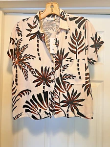 Astrochic Tropical Beige & Brown Short Sleeve Button Down Crop Top NWT - Picture 1 of 8