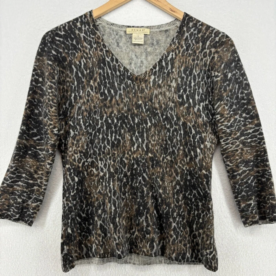 Suéter para mujer KENAR S 2 capas cachemir top leopardo cuello en V manga 3/4 marrón Foto 1 de 4