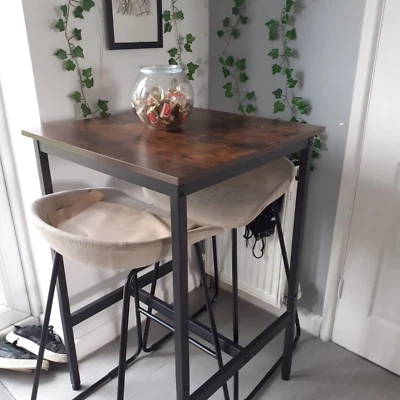 Tall Industrial Bar Table Square Breakfast Kitchen Table Rustic Brown Metal Legs - Image 1 of 4