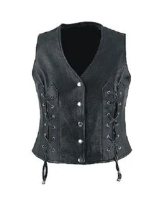 Women Black Leather Durable Heavy Duty Biker Style Bluff Vest With Lacing - Picture 1 of 2