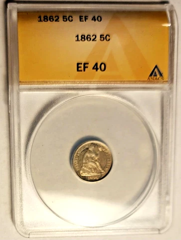RARE 1862 SEATED LIBERTY HALF DIME 5C ANACS EF-40 Beautiful Rare High Grade Coin Cover