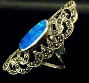 Antique style Blue Green Gilson opal Marcasite Cocktail Ring Sterling Silver N 7 - Picture 1 of 11