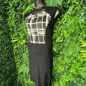 NINA PIU Dress Women Large Black Beige Fitted Sheath Round Neckline Stretch 1017 - Picture 1 of 8