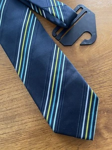 BALMAIN Paris Silk Tie Navy/Yellow/Turquoise Stripe MINT - Picture 1 of 2