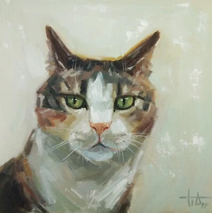 Pintura al óleo original sobre lienzo retrato de gato 20x20 cm arte de pared - Imagen 1 de 6