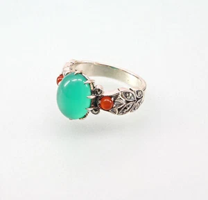 9927756 925er Silber Grün-Achat-Karneol-Ring Markasiten Jugendstil Gr.57 - Bild 1 von 2
