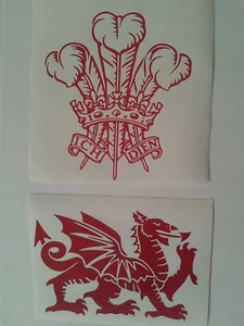 2 x small car bumper stickers Three Feathers & Welsh Dragon decal van motorbike - Picture 1 of 1