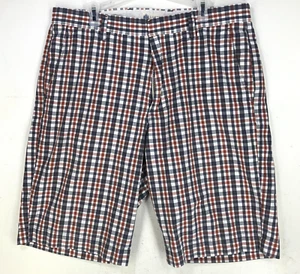 J. Crew Mens Knee Length Shorts sz 32 Gray-Red Plaid Flat Front Zip Fly Mid-Rise - Picture 1 of 7
