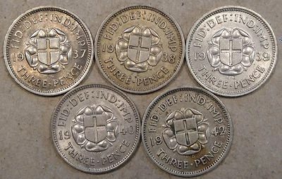 Gran Bretaña 3 peniques de plata 1937,38,39,40,+42 grado medio y superior! Foto 1 de 2