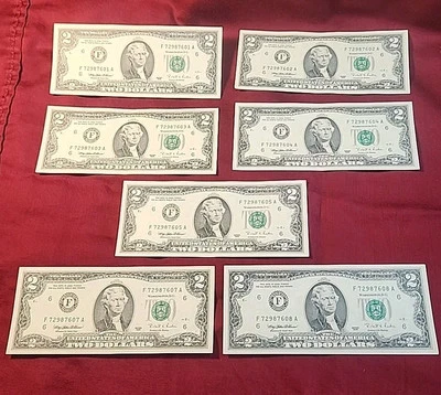 $2 Dollar Bill 7 LOT Near Consecutive Serial # 1995 Atlanta $14 Uncirculated  - Image 1 of 4