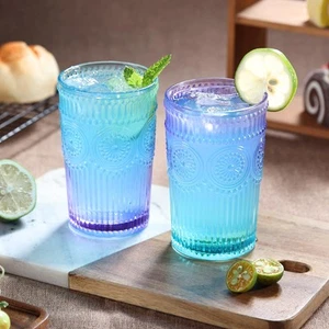 6pcs Vintage Drinking Glasses Set, 12 oz Glass Cups, Embossed Ribbed Glasswar... - Picture 1 of 6