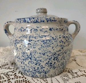 Monmouth Maple Leaf Keramik blau gesprenkelt Steinzeug Topf mit Deckel Keksdose - Bild 1 von 11
