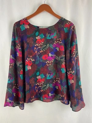 Violet & Claire Size M Multicolor Floral 3/4 Bell Sleeve Blouse Semi Sheer Flowy - Image 1 of 4