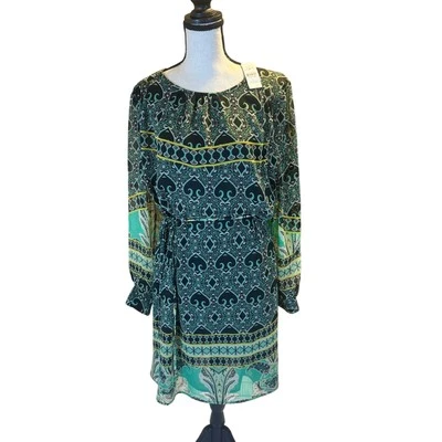 LOFT новый с Ярлыками женская длинным рукавом платье большой зеленый черный узор галстук талии сад - Изображение 1 из 4