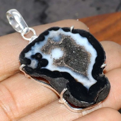 Black Botswana Druzy Slice 925 Silver Plated Gemstone Pendant 2.1" GW - Image 1 of 3