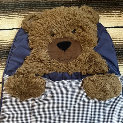 Pottery Barn Kids Shaggy Head Brown Bear Sleeping Bag Blue Gingham NO Monogram - Image 1 of 4