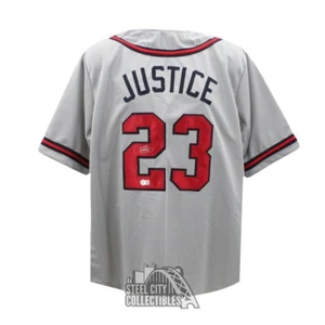 David Justice Autographed Atlanta Custom Gray Baseball Jersey - BAS - Picture 1 of 2