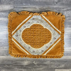 Vintage Boho Decorative Pillow Mustard Velvet & Floral Quilt with Zipper Closure - Picture 1 of 20