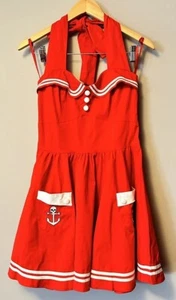Hell Bunny Vixen Women’s Red Sailor Pinup Dress Size S Cotton Halter Neck NEW - Picture 1 of 7