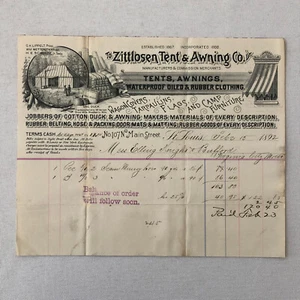 1892 Zittlosen Tent and Awning Company Advertisign Billhead Letterhead Document - Picture 1 of 7