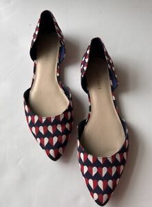 Nine West Shoes Pointy Toe D'Orsay Flats sz 8 M Red, White, Navy Blue Fabric ❤️