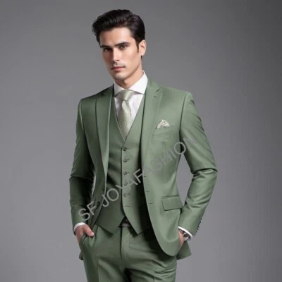 Men Olive 3 piece suits, Wedding suits, Grooms Wear Dress, Green Bespoke Design - Image 1 of 4