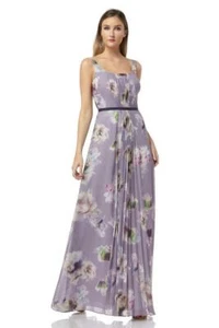 KAY UNGER Purple Orchid Floral Printed Chiffon Pleated Gown Maxi Dress 16 = XL - Picture 1 of 5