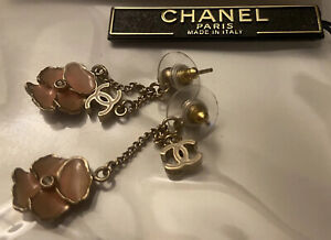 CHANEL Earrings Camellia Swing Chain Gold Coco Mark Logo Flower Auth 
