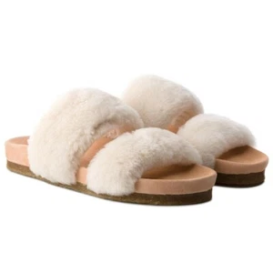 $350 TORY BURCH SELDON SHEARLING TWO BAND SLIDE SHOES NATURAL 6.5 (D6) - Picture 1 of 6