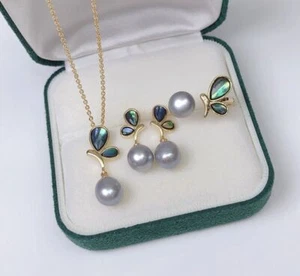 Real AAA+ Pearl Abalone Shell Inlay Gold Stud Earrings+Ring+Pendant Necklace Set - Picture 1 of 12