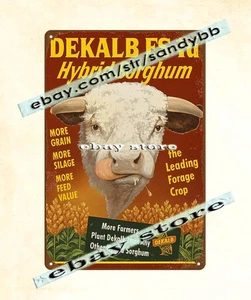 Insegna latta anni 50 Dekalb Seed Hybrid Sorghum hereford mucca bestiame toro - Foto 1 di 4