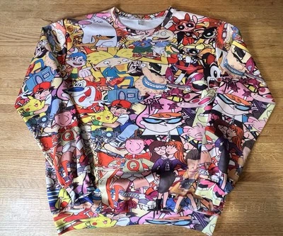 CARTOON NETWORK All Over Print 90s Character Sweatshirt Hey Arnold Dexter Cow XL - Image 1 of 4
