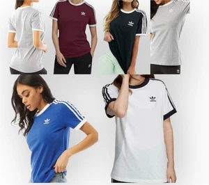 Women Adidas Originals 3 Stripes Cotton T-shirt Crew Neck Short Sleeve S-XXL - Picture 1 of 13