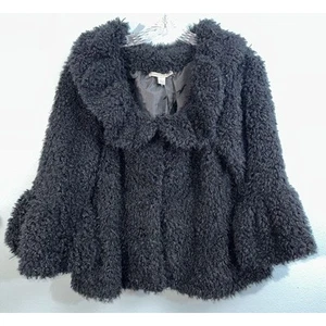 Carolyn Taylor Womens L Black Faux Shearling Cropped Collar Jacket Bell Sleeves - Picture 1 of 10