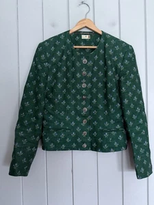 Resi Hammerer Austrian Trachten Jacket 42 Green Floral Linen Oak Leaves Buttons - Picture 1 of 8