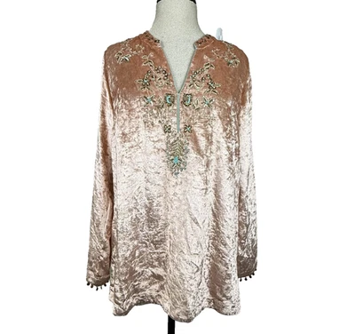 Soft Surroundings Shirt Womens Medium Pink Velvet Embroidered Beaded Tunic Top - Image 1 of 4